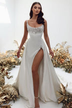 Noble vestido de novia cuadrado sin mangas de satén corte línea A con perlas