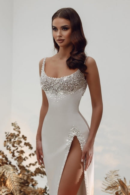 Noble vestido de novia cuadrado sin mangas de satén corte línea A con perlas