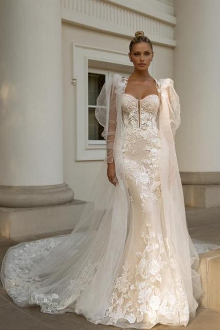 Vestidos de novia de encaje de sirena sin mangas con escote corazón noble