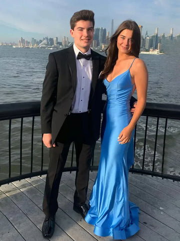 Noel | Vestido largo de fiesta de sirena azul con tirantes finos y espalda descubierta de satén