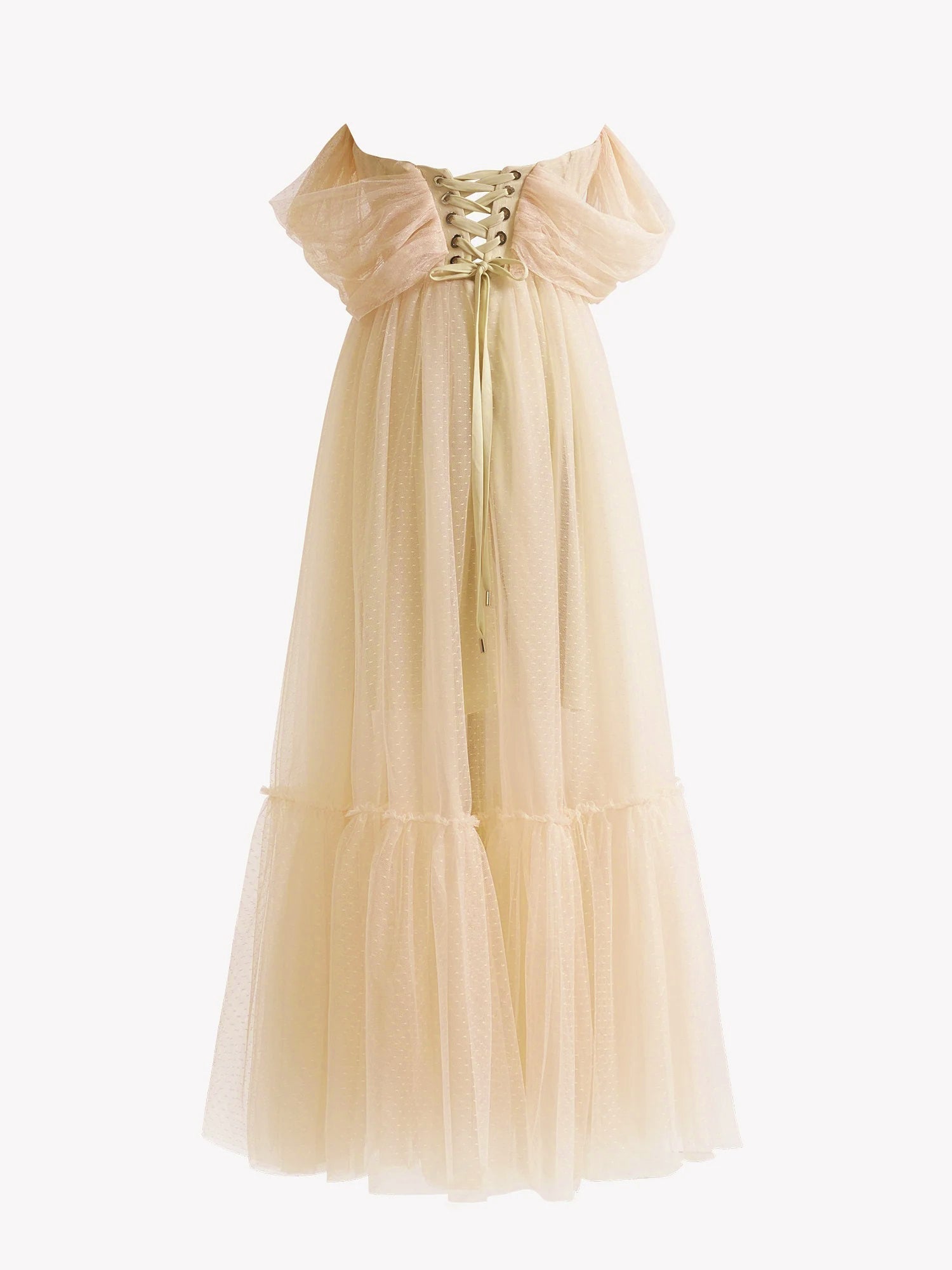 Vestido de graduación de corte A, tul color champán, escote corazón y largo hasta la rodilla