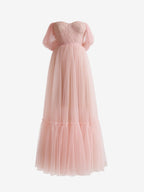 Vestido de graduación de corte A, rosa palo, tul, escote corazón, largo hasta la rodilla
