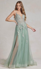 Embroidered Plunging V-Neck Prom Gown