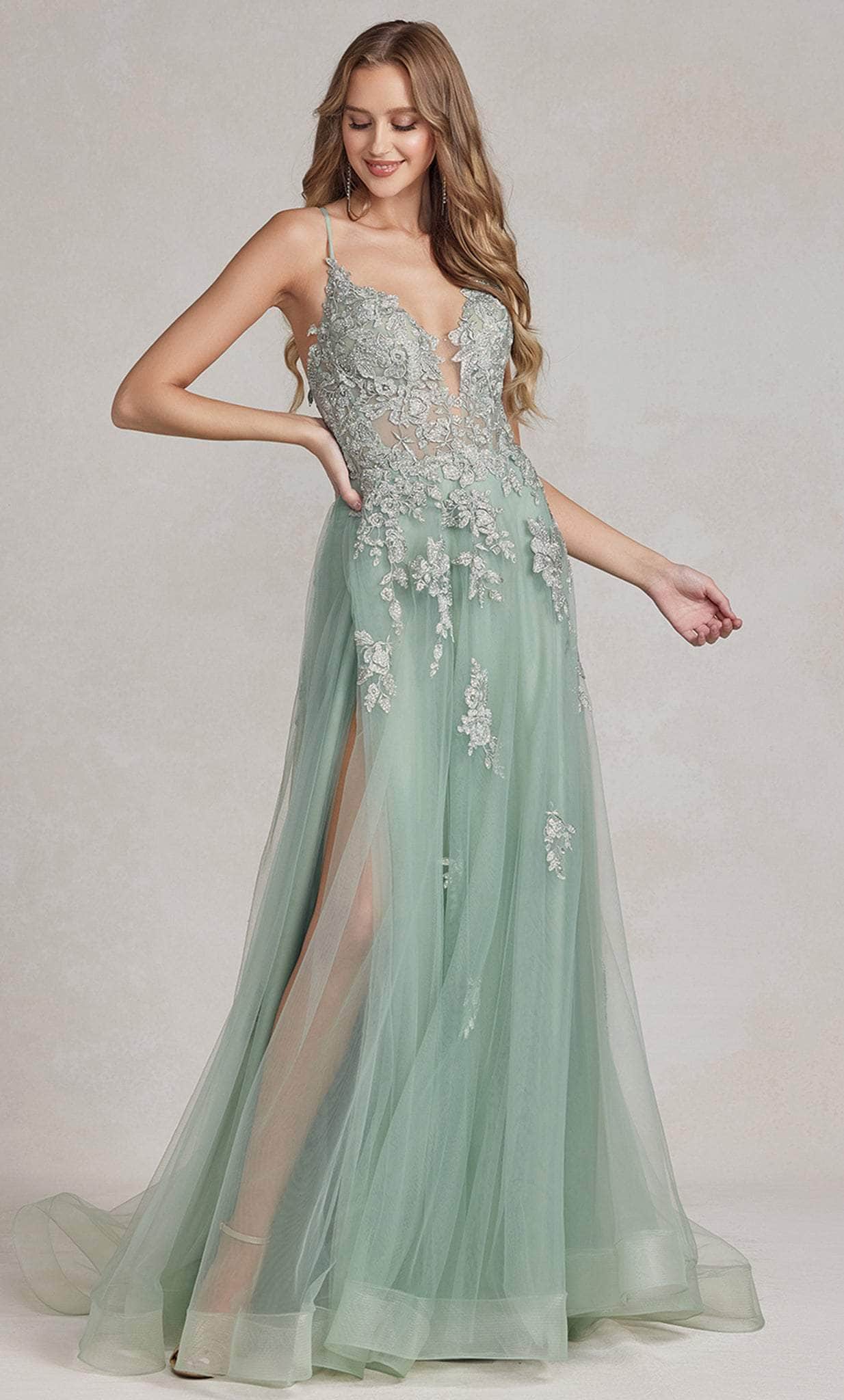 Embroidered Plunging V-Neck Prom Gown