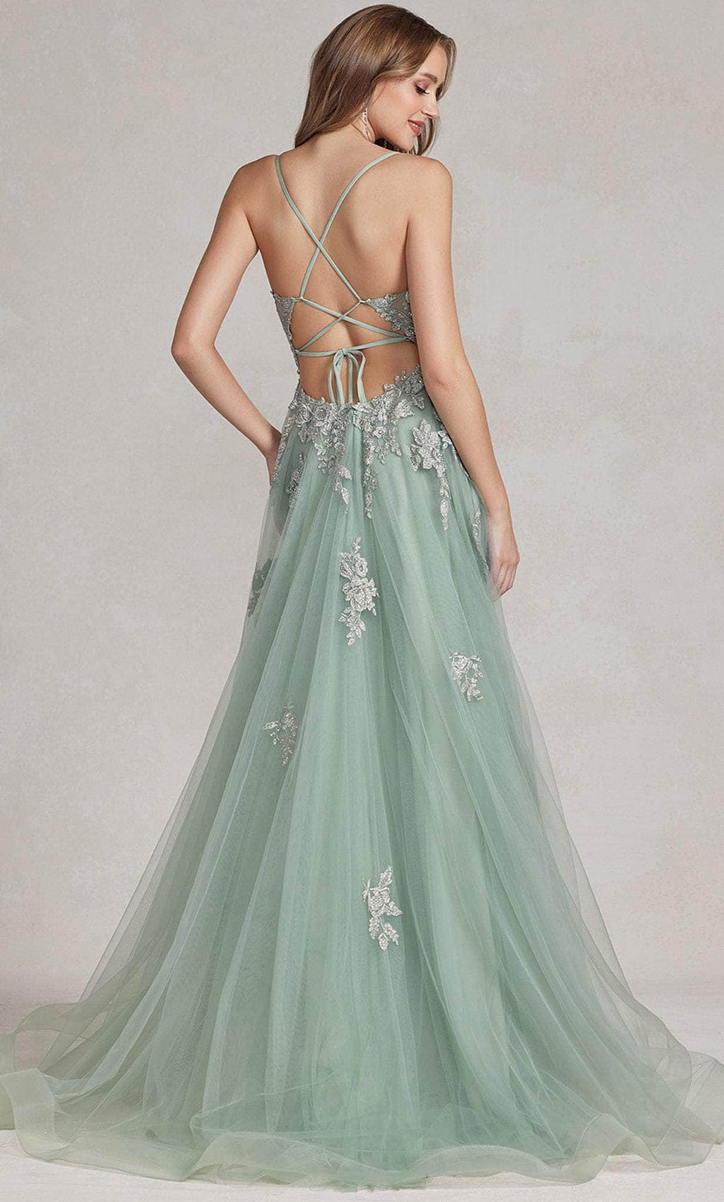 Embroidered Plunging V-Neck Prom Gown