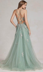 Embroidered Plunging V-Neck Prom Gown