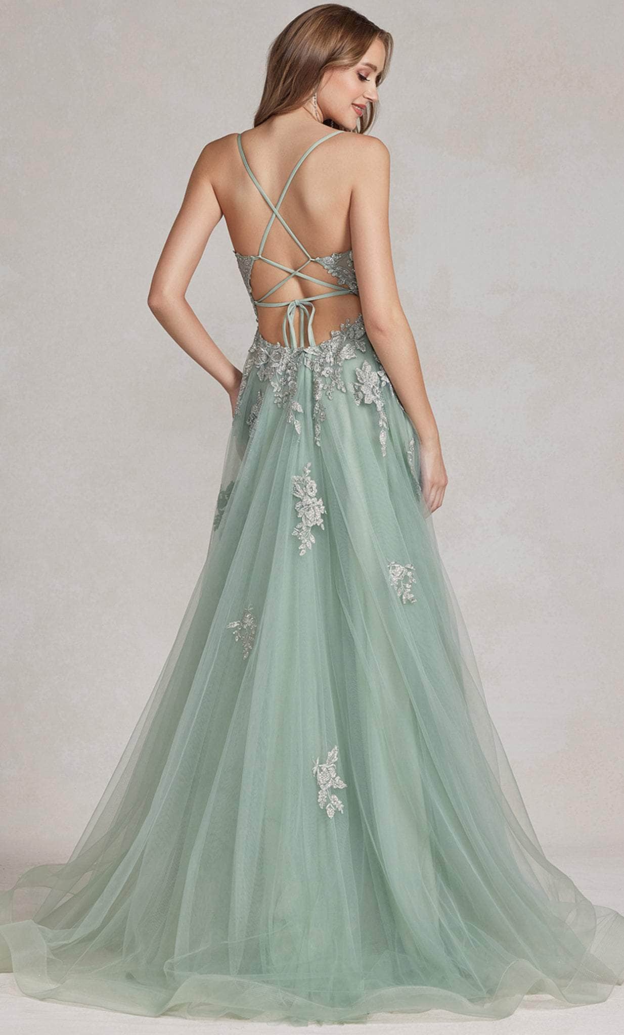 Embroidered Plunging V-Neck Prom Gown