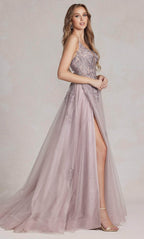 Embroidered Plunging V-Neck Prom Gown