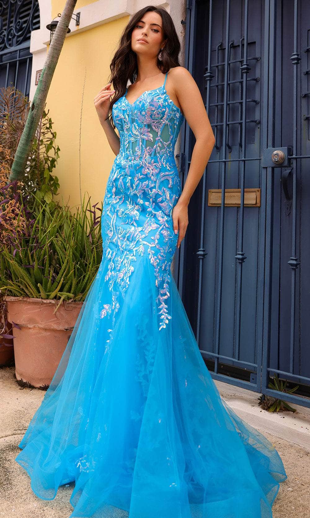 Vestido de graduación con corsé transparente