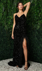 Sequined Feathered Slit Evening Dress