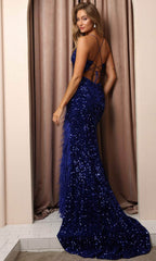 Sequined Feathered Slit Evening Dress
