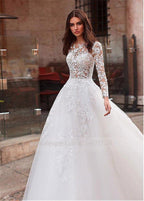 Baoleely Attractive Tulle Jewel Neckline See-through Bodice A-line Wedding Dress With Lace Appliques & Beadings Long Sleeves Bridal Dress