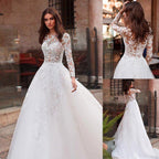 Baoleely Attractive Tulle Jewel Neckline See-through Bodice A-line Wedding Dress With Lace Appliques & Beadings Long Sleeves Bridal Dress