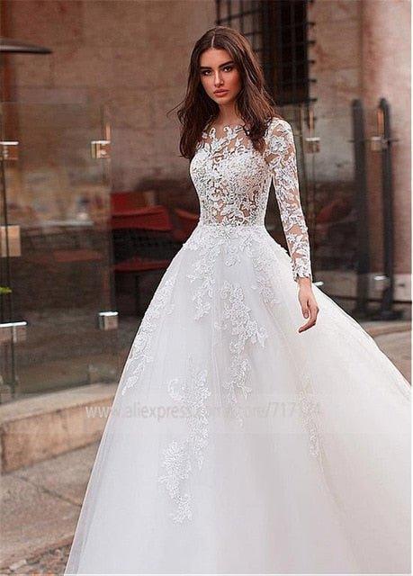 Baoleely Attractive Tulle Jewel Neckline See-through Bodice A-line Wedding Dress With Lace Appliques & Beadings Long Sleeves Bridal Dress