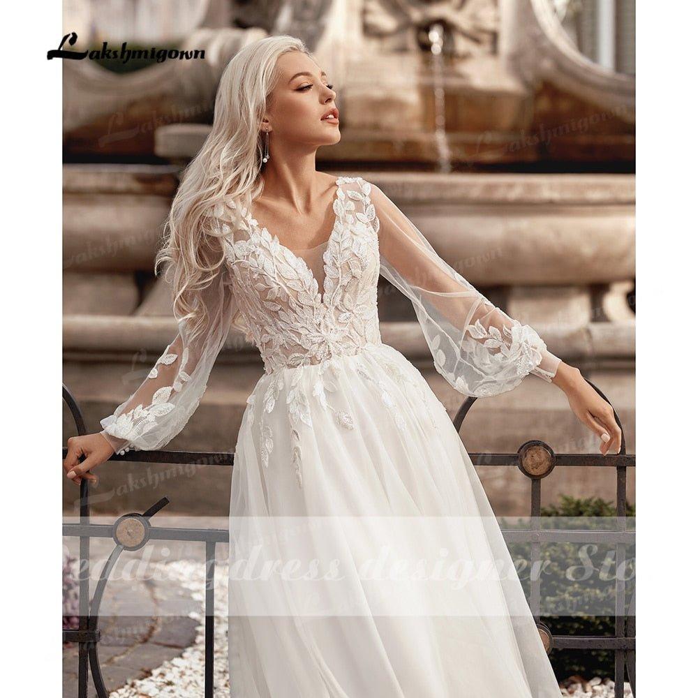 Boho Princess A-Line Wedding Dresses V Neck Longue Long Lantern Sleeve Robe De Soiree Simple Beach Wedding Gown Vestidos De Noiv
