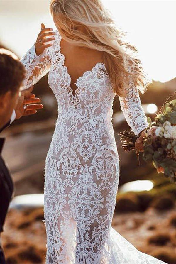 Charming Long Sleeve See Through Lace Rustic Mermaid Wedding Dress MW266
