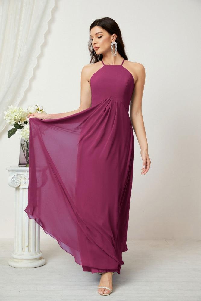 Baoleely - Vestido de dama de honor de gasa con cuello halter, largo, corte A, vestido formal de noche 2805 