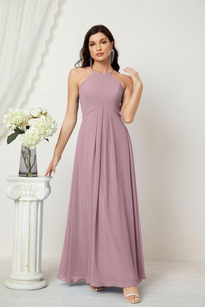 Baoleely - Vestido de dama de honor de gasa con cuello halter, largo, corte A, vestido formal de noche 2805 