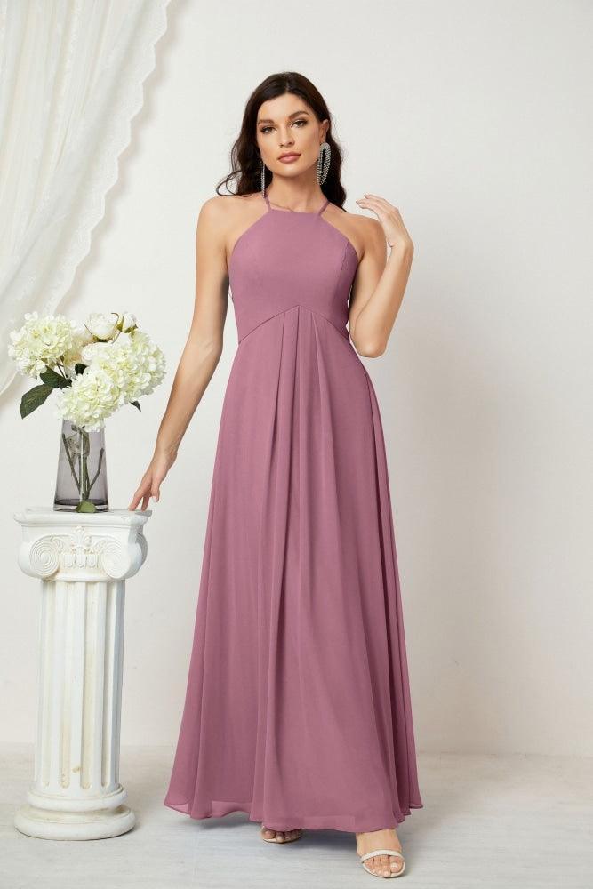Baoleely - Vestido de dama de honor de gasa con cuello halter, largo, corte A, vestido formal de noche 2805 