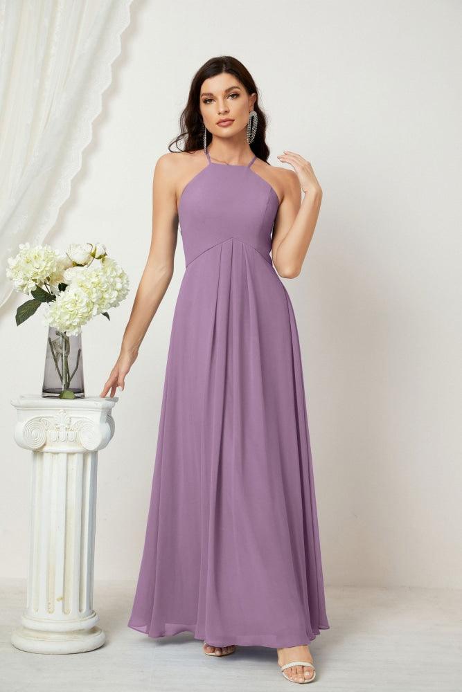 Baoleely - Vestido de dama de honor de gasa con cuello halter, largo, corte A, vestido formal de noche 2805 