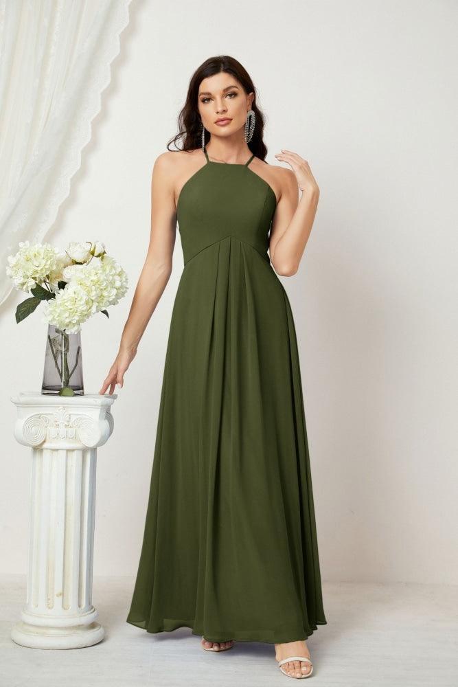 Baoleely - Vestido de dama de honor de gasa con cuello halter, largo, corte A, vestido formal de noche 2805 