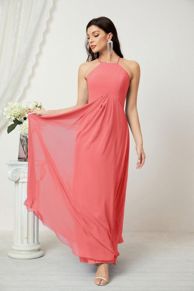 Baoleely - Vestido de dama de honor de gasa con cuello halter, largo, corte A, vestido formal de noche 2805 