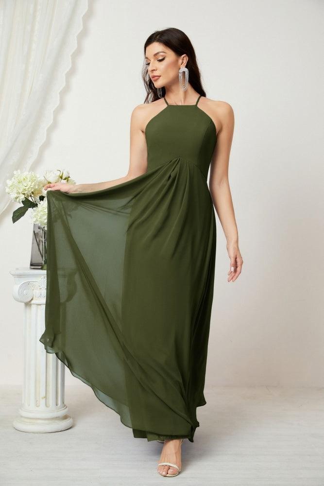Baoleely - Vestido de dama de honor de gasa con cuello halter, largo, corte A, vestido formal de noche 2805 