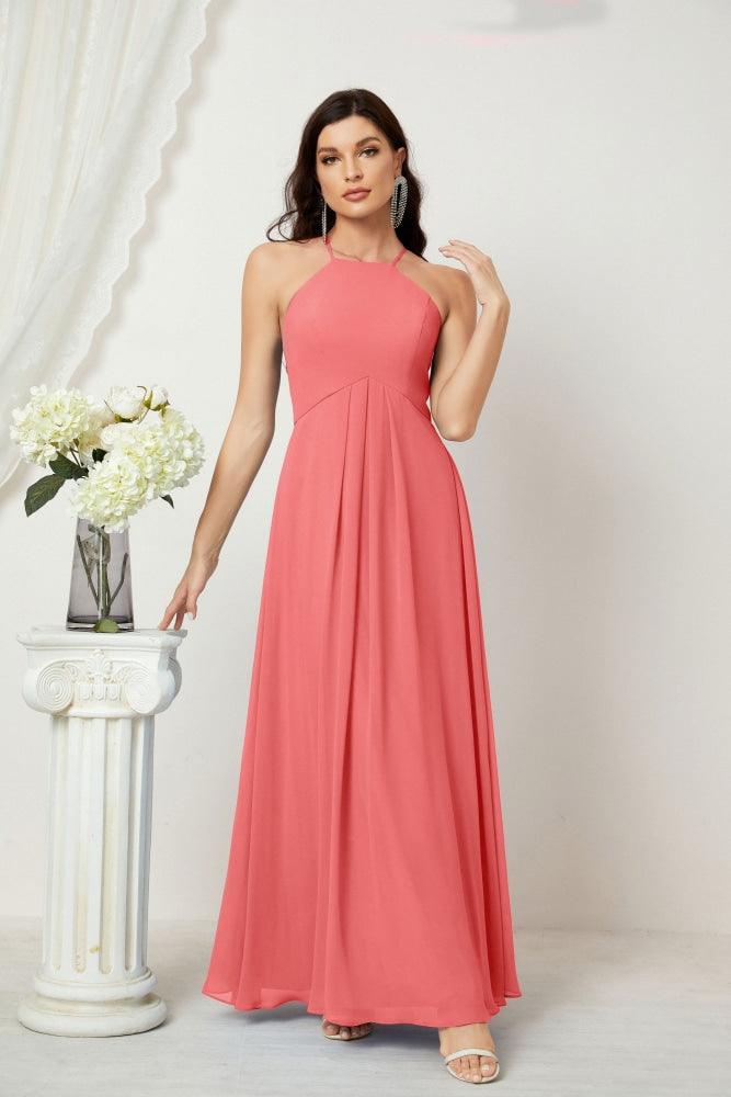 Baoleely - Vestido de dama de honor de gasa con cuello halter, largo, corte A, vestido formal de noche 2805 
