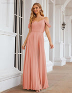 Baoleely Cold Shoulder Chiffon Bridesmaid Dresses Long Maxi Formal Prom Gowns for Women Party  SEA28059