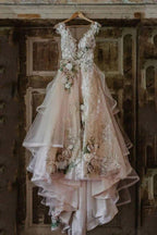 Baoleely Elegant Tulle A-line V-neck Floral Lace Wedding Dresses, Bridal Gown, MW1009
