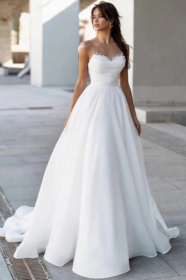 Vestidos de novia modestos, corte línea A, escote corazón y satén glamuroso con perlas MW1024