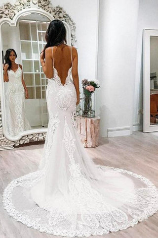 Magnifique robe de mariée sirène blanche à fines bretelles en dentelle et tulle, MW239 