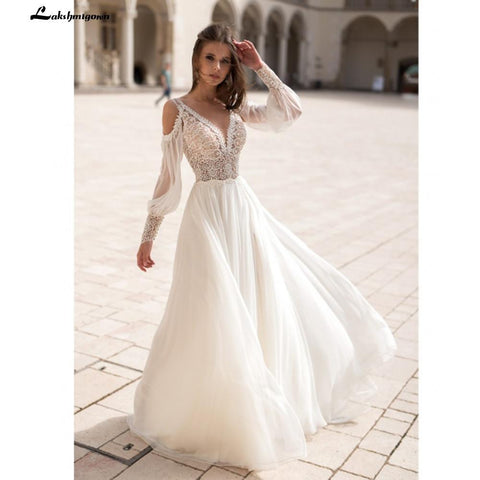 Baoleely Long Puff Sleeves Wedding Dress Lace And Chiffon A Line