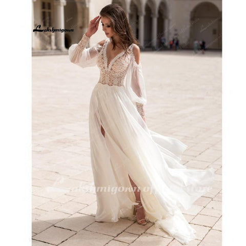 Baoleely Long Puff Sleeves Wedding Dress Lace And Chiffon A Line