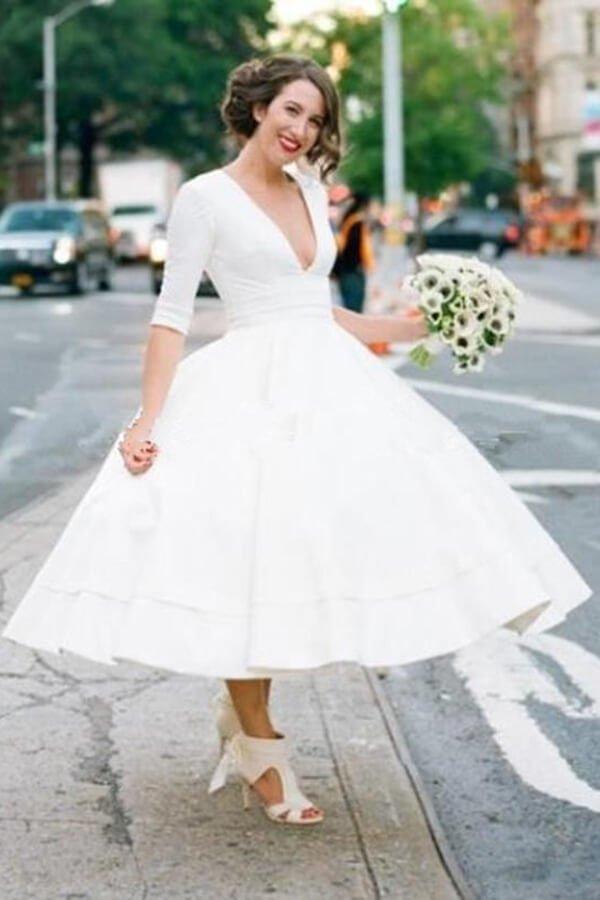 Vestido de novia modesto de tafetán, corte en A, escote en V, manga corta, largo hasta la rodilla, MW531