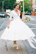 Vestido de novia modesto de tafetán, corte en A, escote en V, manga corta, largo hasta la rodilla, MW531