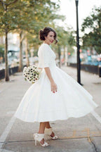 Vestido de novia modesto de tafetán, corte en A, escote en V, manga corta, largo hasta la rodilla, MW531