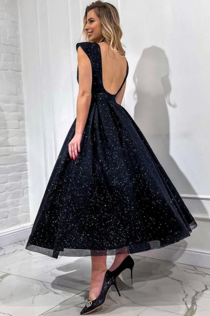 Robe de bal longue noire à paillettes, coupe trapèze, col en V, sans manches