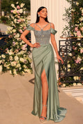 Robe de bal longue Obsessing en dentelle à bretelles spaghetti et perles, couleur sauge poussiéreuse, avec fente