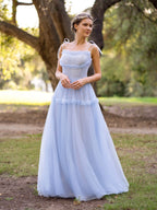 Vestido largo de fiesta de tul con tirantes y corte en A, estampado de olas del mar