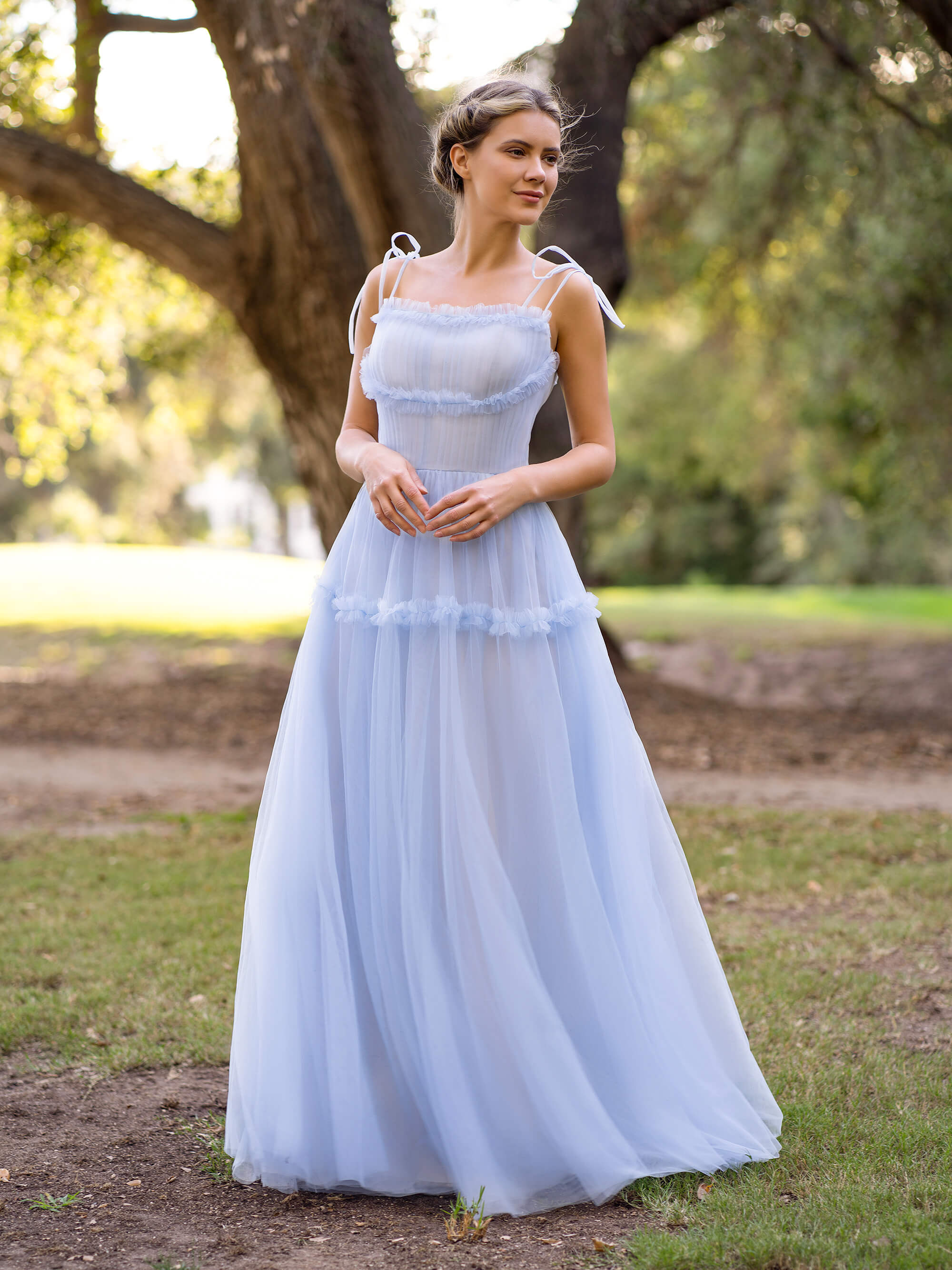 Vestido largo de fiesta de tul con tirantes y corte en A, estampado de olas del mar