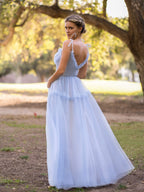 Vestido largo de fiesta de tul con tirantes y corte en A, estampado de olas del mar