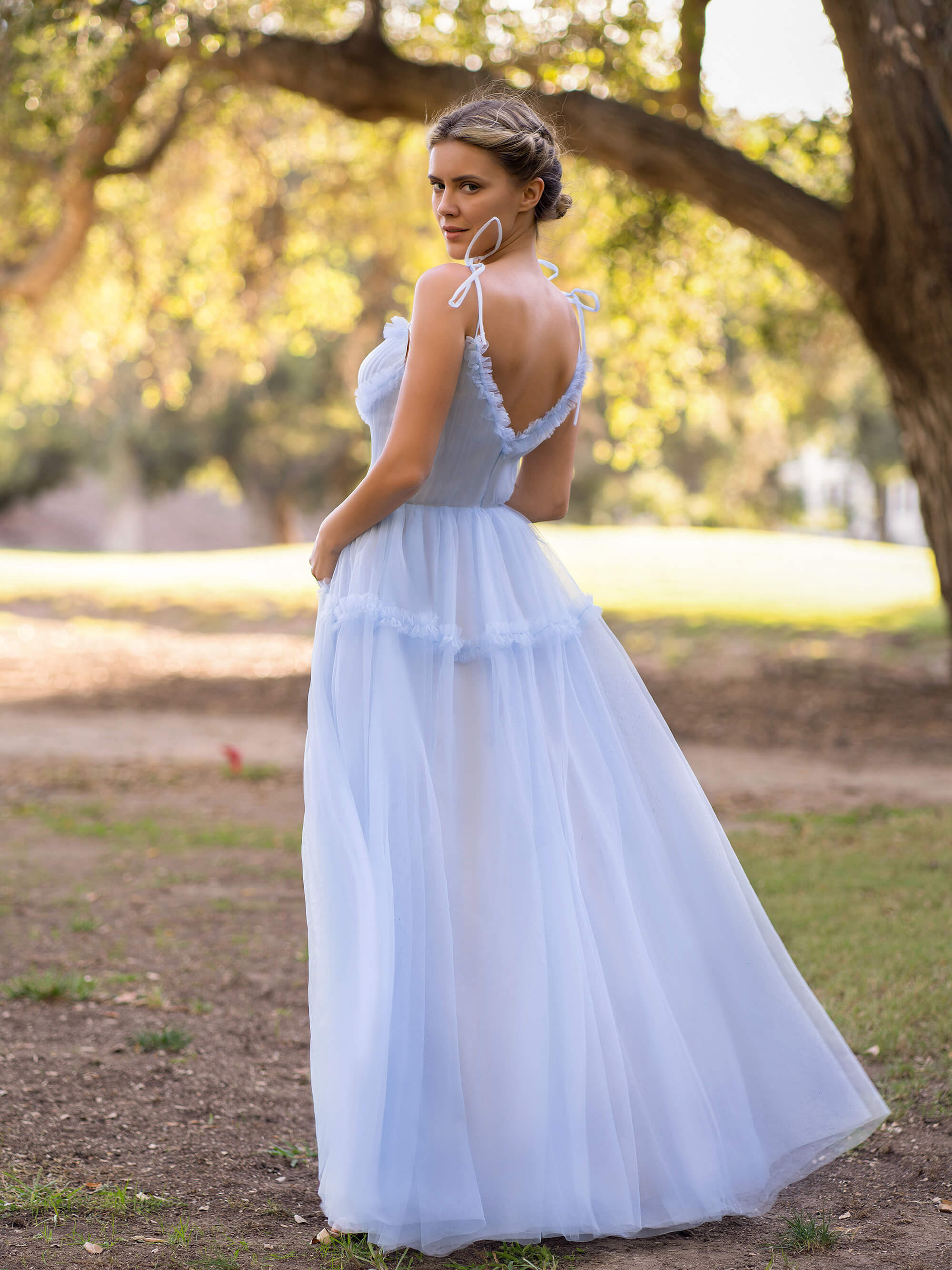 Vestido largo de fiesta de tul con tirantes y corte en A, estampado de olas del mar