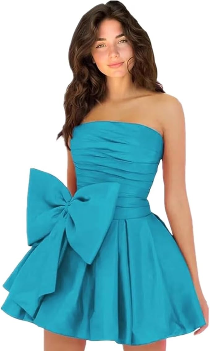 Robes de soirée courtes et chics pour le bal de promo, coupe trapèze, sans manches, bustier, froncées, lacées et ornées d'un nœud.