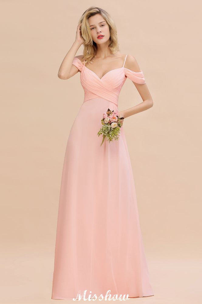 Vestido de dama de honor de corte A con tirantes al descubierto, de gasa.