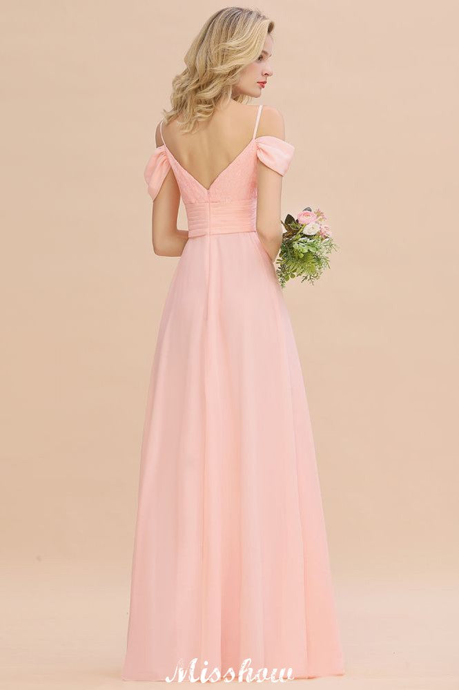 Vestido de dama de honor de corte A con tirantes al descubierto, de gasa.
