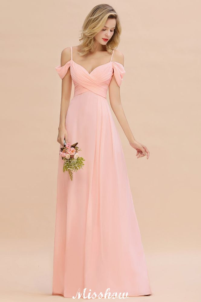 Vestido de dama de honor de corte A con tirantes al descubierto, de gasa.