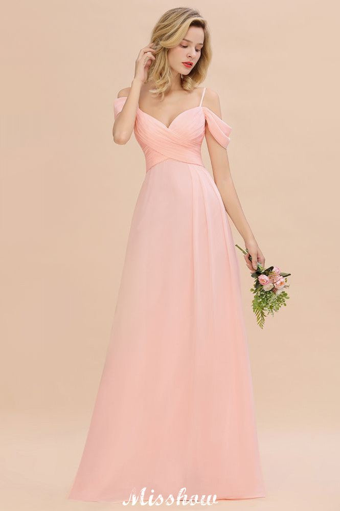 Vestido de dama de honor de corte A con tirantes al descubierto, de gasa.
