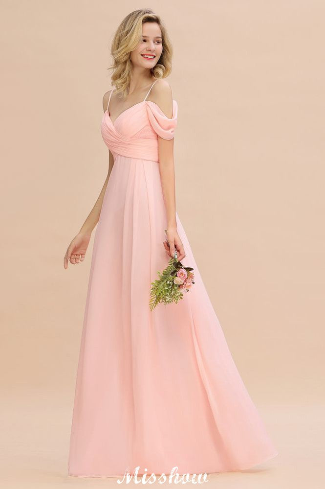 Vestido de dama de honor de corte A con tirantes al descubierto, de gasa.