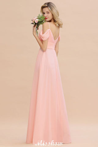 Vestido de dama de honor de corte A con tirantes al descubierto, de gasa.